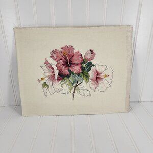 Vintage Floral Cross Stitch Art Signed 1989 Pink Off White Hibiscus Unframed